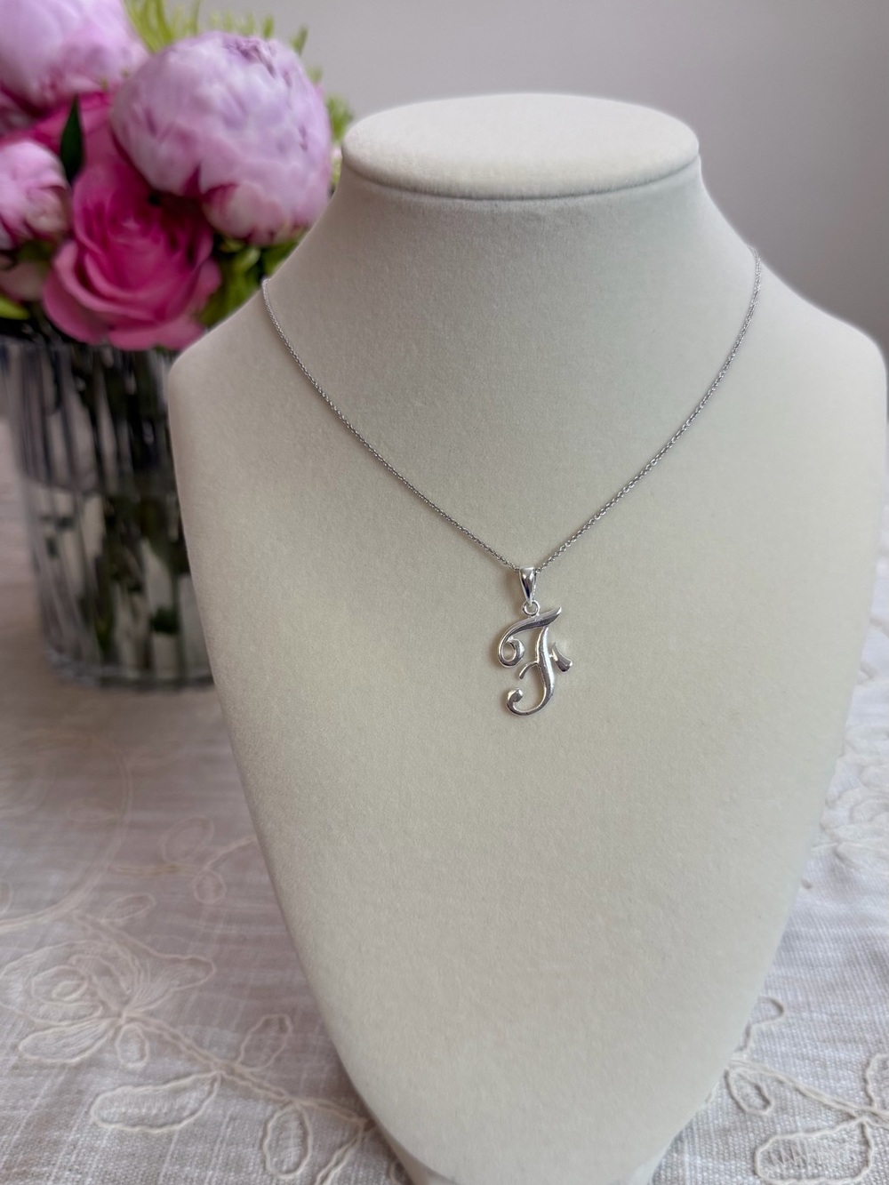 Sterling Silver Script 'F' Initial Pendant Necklace - Silver
